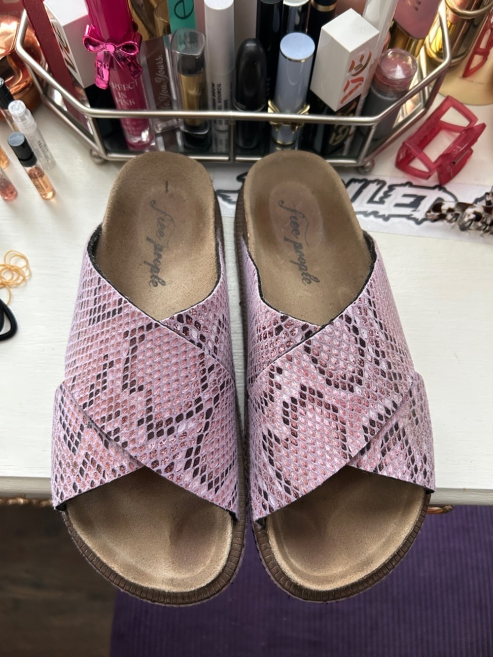 Free People Pink Snake-Print Crossover Slide Sandals